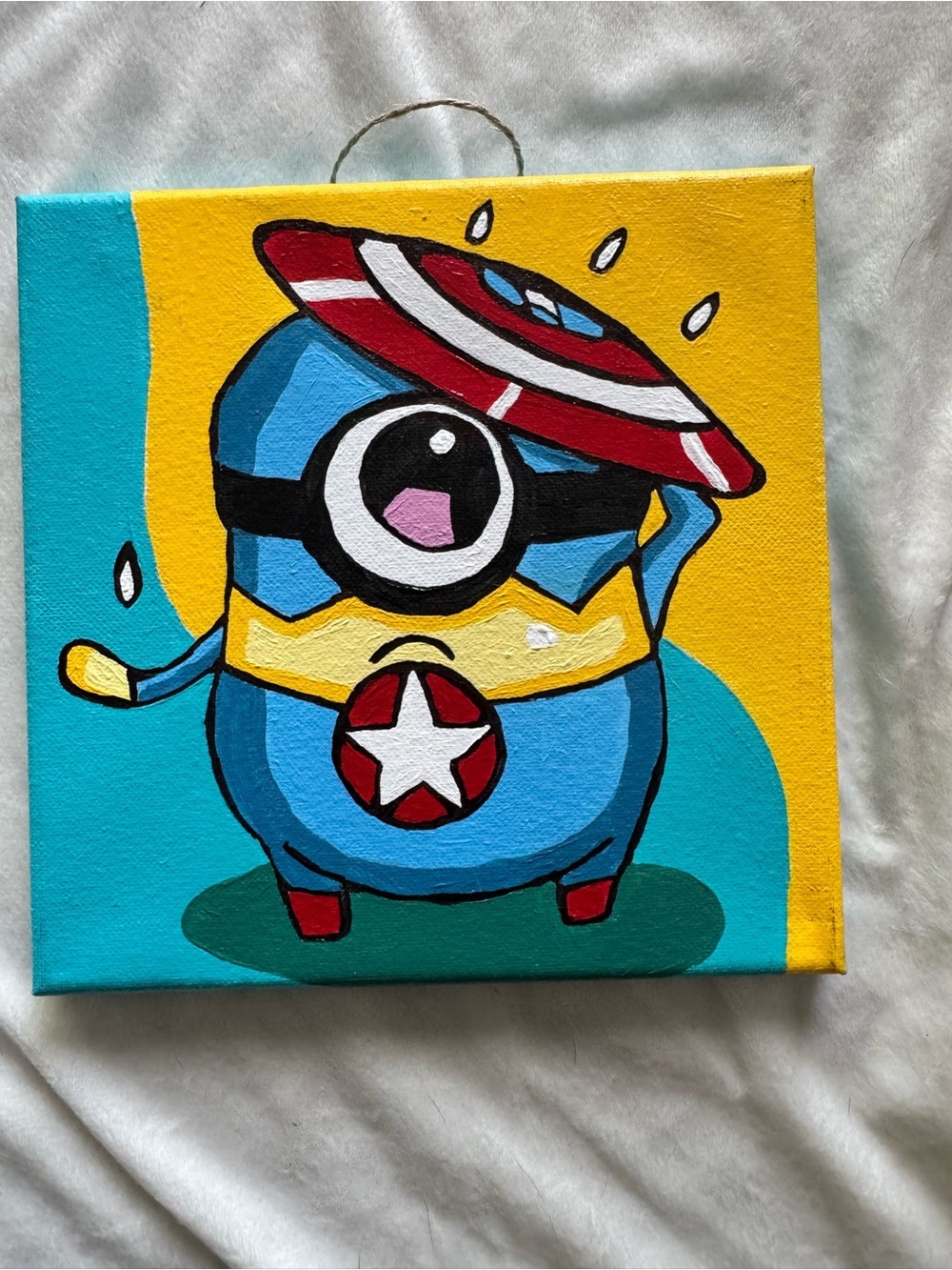 Hand-Painted Cartoon Minion Canvas - Blue, Yellow, Red 8 in by 8 in